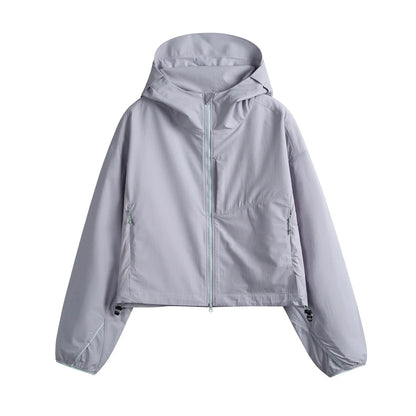 Women's short hooded windbreaker, lightweight, with zipper
