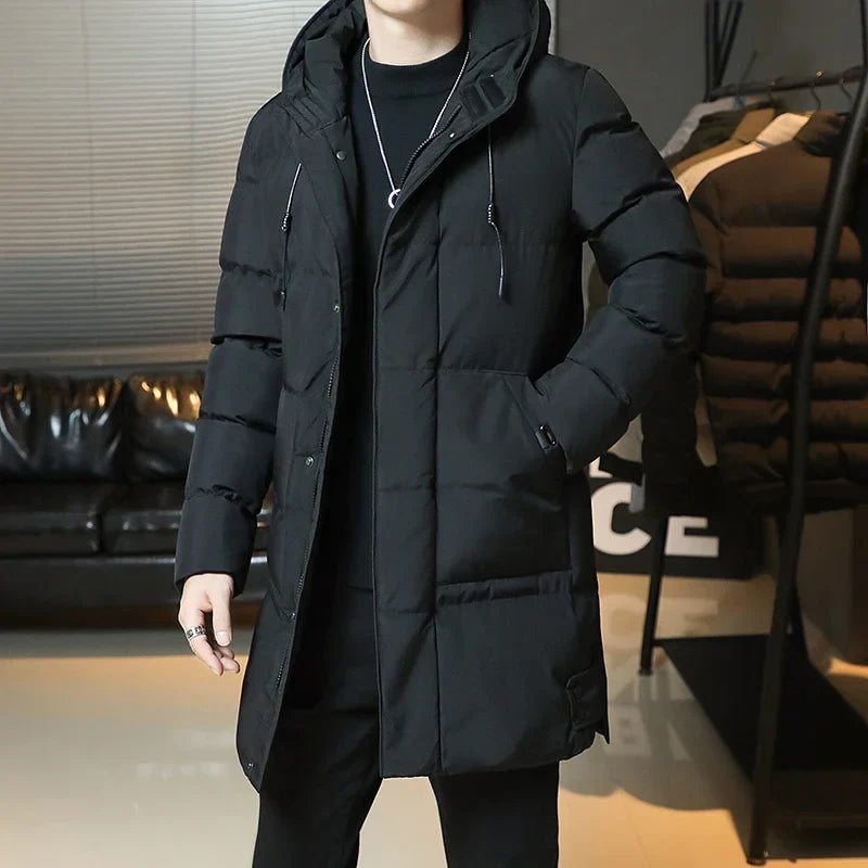 Men's long winter padded coat with hood, warm and lined