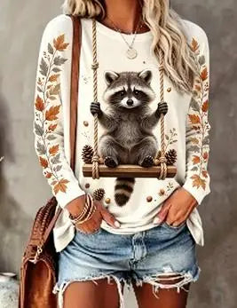 Langarmshirt Damen mit Katzenmotiv auf Schaukel & Herbstlaub Print, Rundhals Oberteil Beige