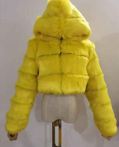 Damen Kurz Kunstfell Jacke mit Kapuze und langen Ärmeln