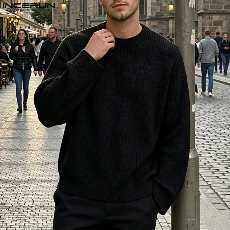 Ribbed men's long-sleeve crew-neck pullover top black