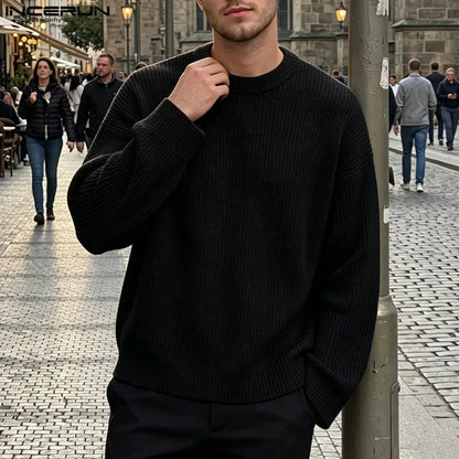 Ribbed men's long-sleeve crew-neck pullover top black
