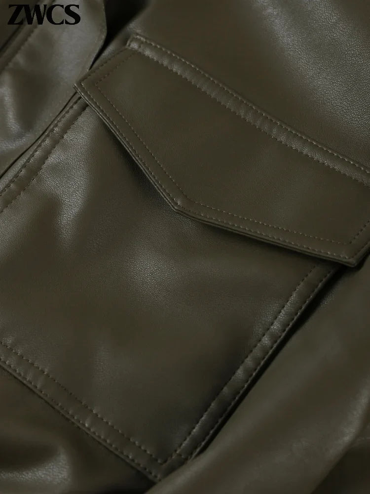 Women's short leather-look bomber jacket with stand-up collar