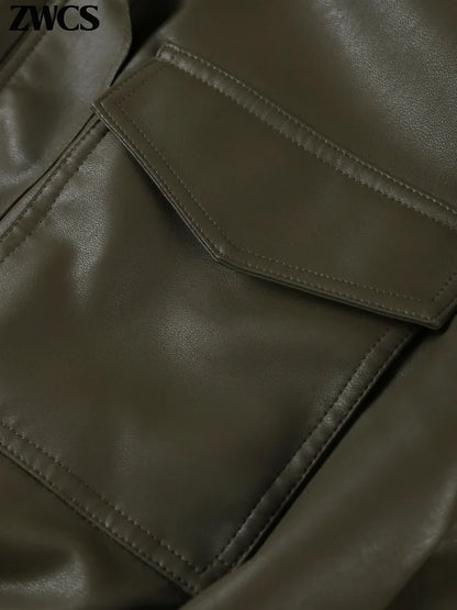 Women's short leather-look bomber jacket with stand-up collar
