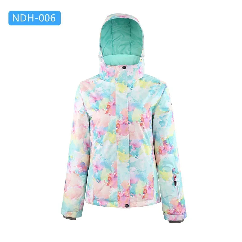 Women's winter ski jacket with hood, colorful pattern, outdoor