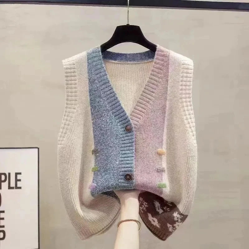 Women's knitted vest with V-neck, color mix, and sleeveless design