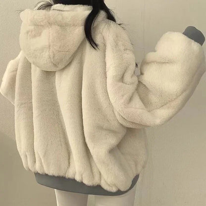 Damen Bomberjacke mit Kapuze Teddyfleece Wendbar Hellbeige