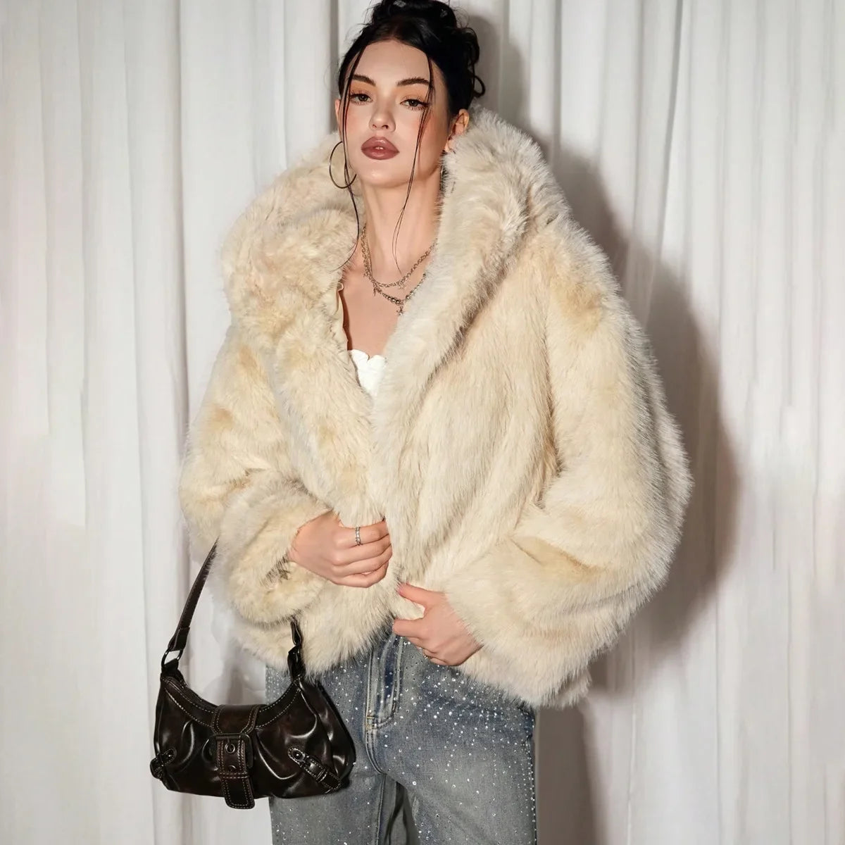 Women's cream-white faux fur jacket plush faux fur jacket winter