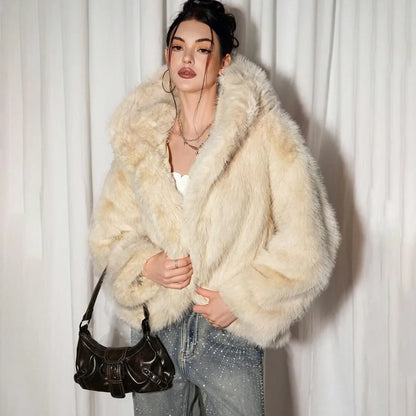 Women's cream-white faux fur jacket plush faux fur jacket winter