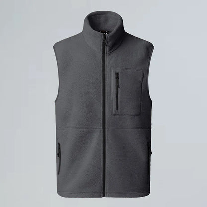 Unisex fleece vest with stand-up collar, zipper, and chest pocket