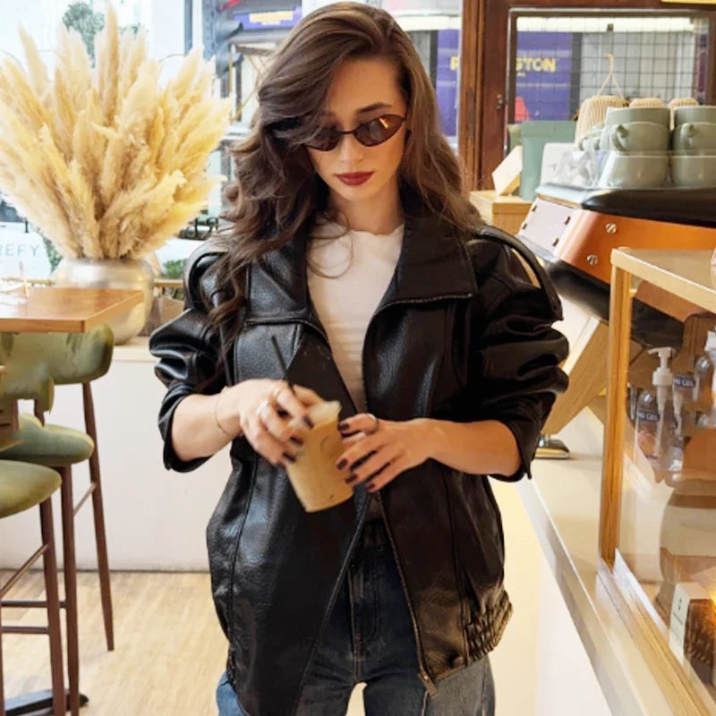 Women's faux leather bomber jacket with stand collar and asymmetrical closure