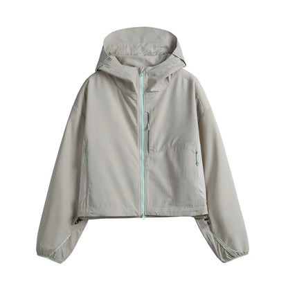 Women's short hooded windbreaker, lightweight, with zipper