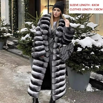 Damen Langer Faux-Pelz-Mantel Gestreift Schwarz-Weiß Warmer Wintermantel