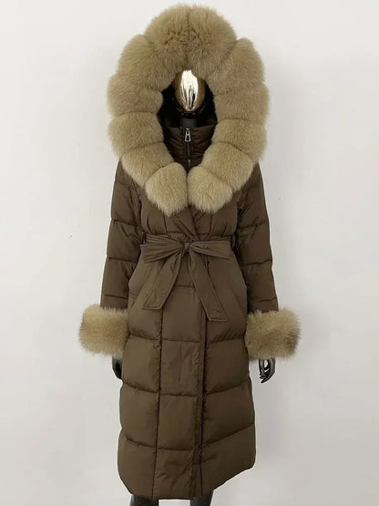 Women's quilted winter down coat with faux fur trim and belt