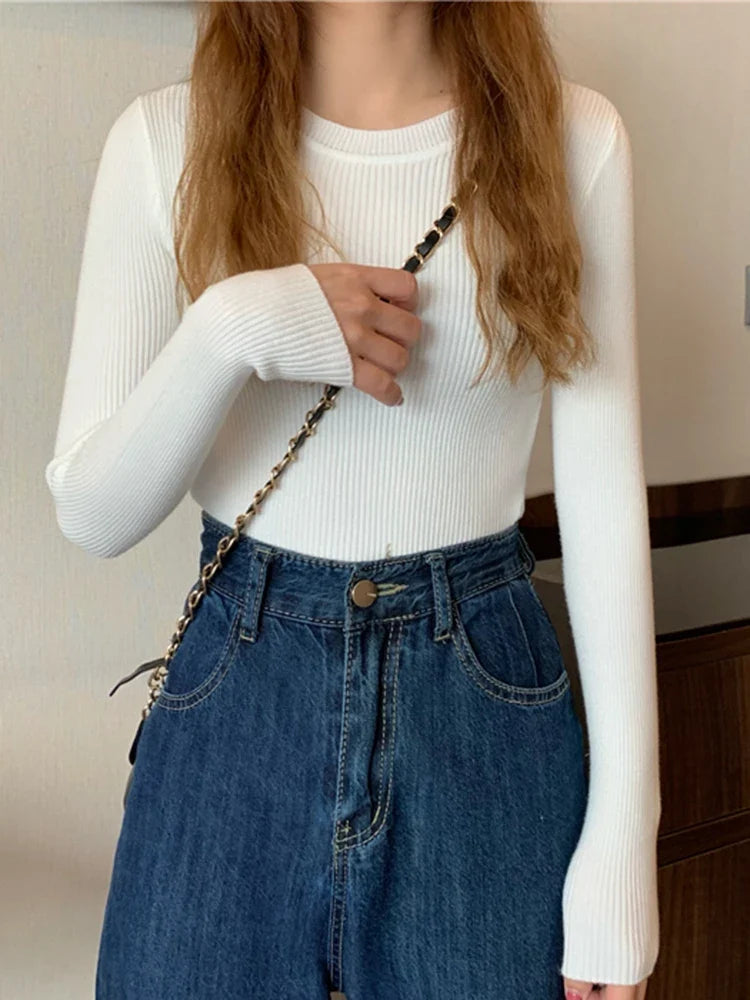 Women's ribbed long-sleeve sweater, crew neck, top