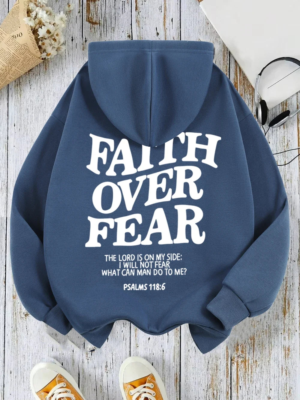 Hoodie with "Faith Over Fear" lettering and Bible quote, oversized hoodie