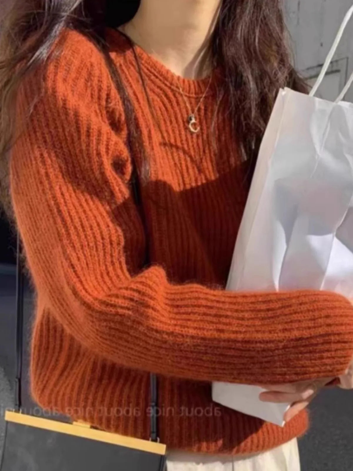 Damen Strickpullover Rundhals Lange Ärmel Rostrot
