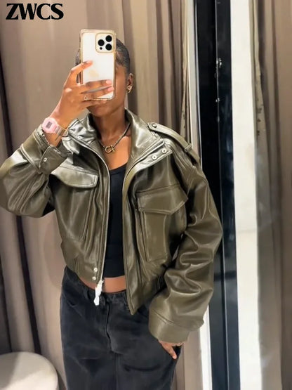 Women's short leather-look bomber jacket with stand-up collar