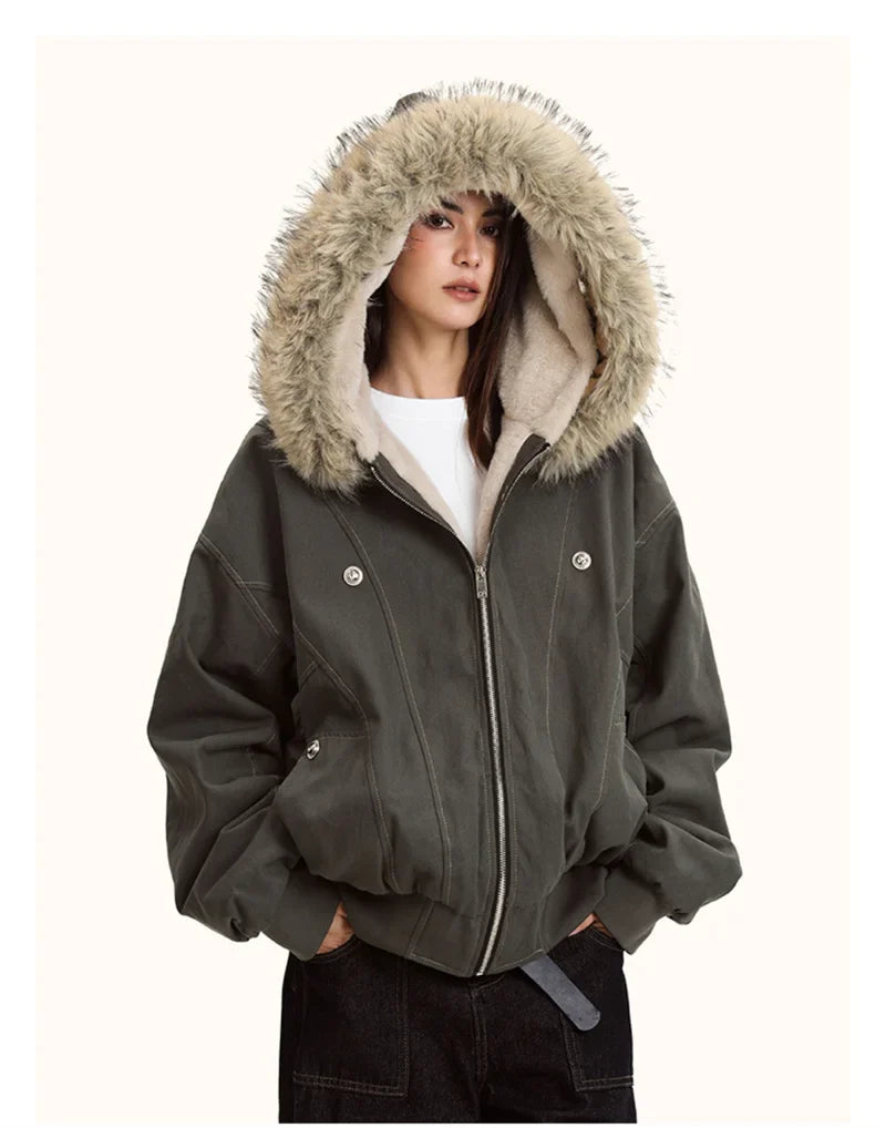 Damen Bomberjacke mit Kapuze und Kunstfellfutter