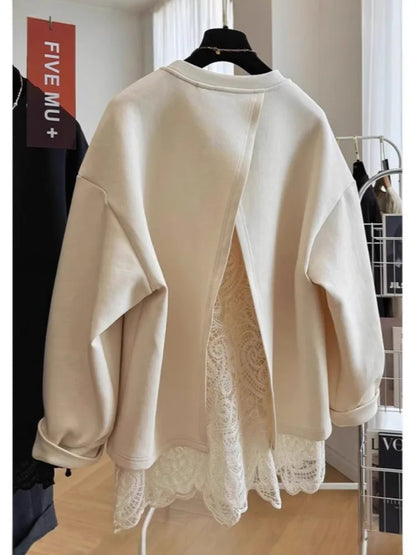 Damen Sweatshirt mit Spitzen-Layering und Rückenschlitz
