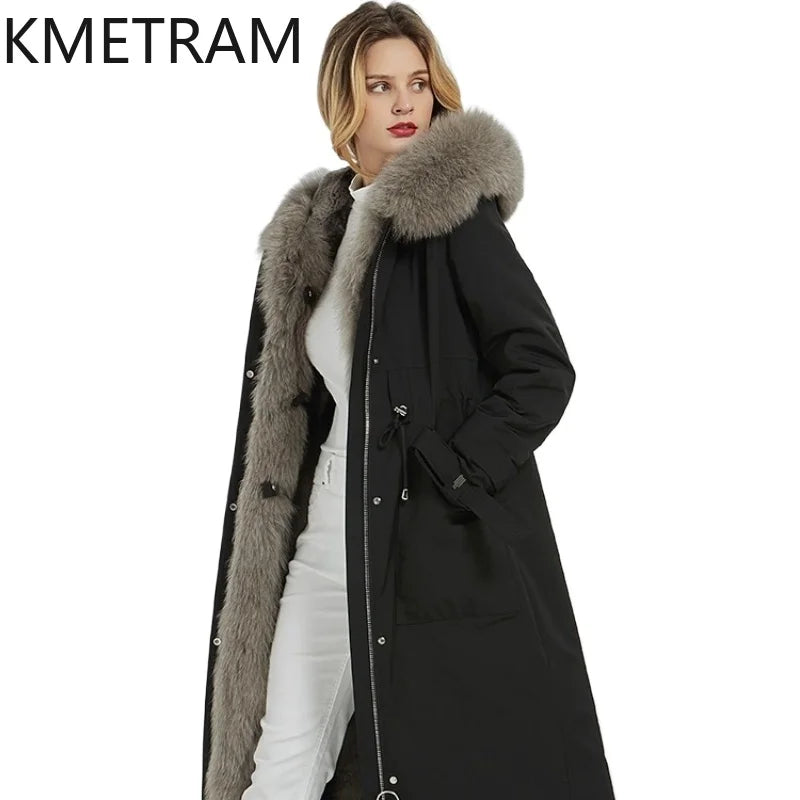 Damen Winterparka Lang Schwarz mit Kunstfellfutter und Kapuze