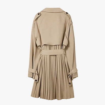 Women's trench coat with pleated skirt detail and belt, khaki