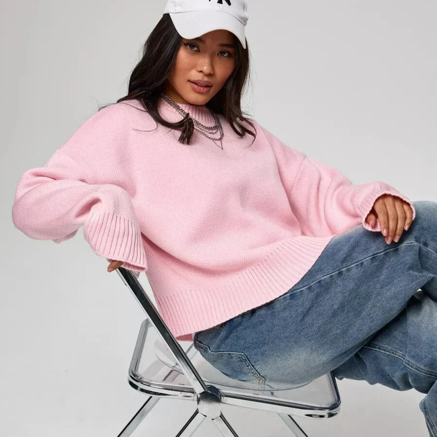 Damen Strickpullover Rundhals Langarm Oversize