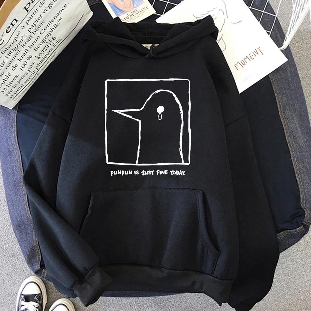 Hoodie or sweatshirt with cartoon bird motif, "Punpun is just fine today" print