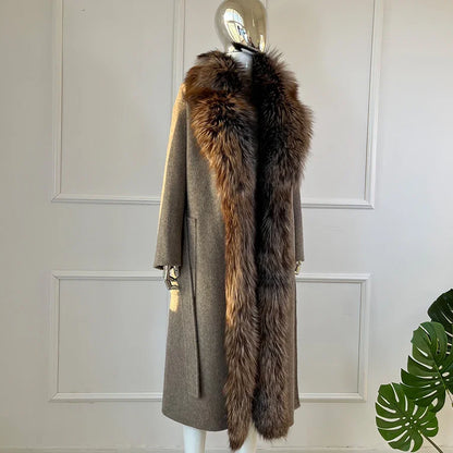 Damen Mantel Lang mit Faux-Pelzkragen Beige