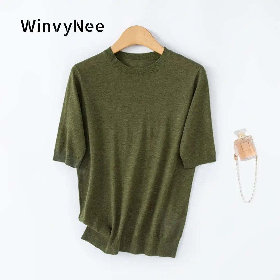 Women's short-sleeve knitted sweater, crew neck, soft sweater top