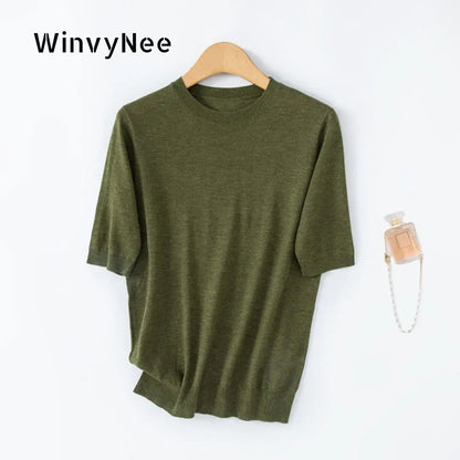 Women's short-sleeve knitted sweater, crew neck, soft sweater top