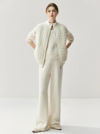 Women's quilted vest with a knit look, zipper, and stand-up collar, cream white