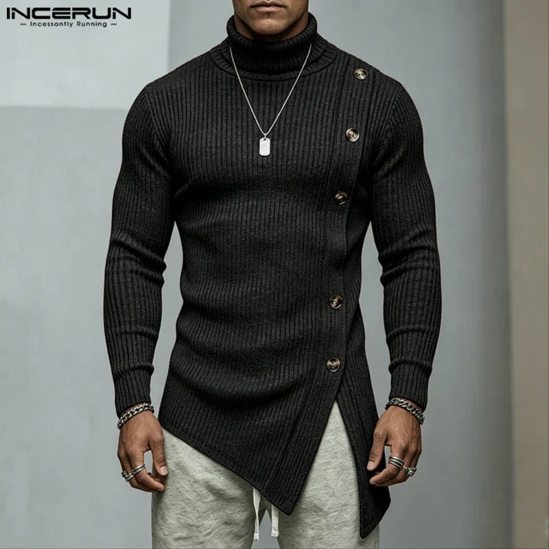 Men's turtleneck sweater, long sleeve, asymmetrical hem, buttons, rib knit, beige