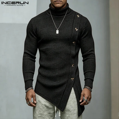 Men's turtleneck sweater, long sleeve, asymmetrical hem, buttons, rib knit, beige