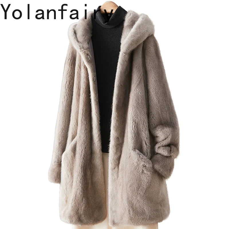 Damen Kapuzenmantel Flauschiger Wintermantel Beige Mittellang