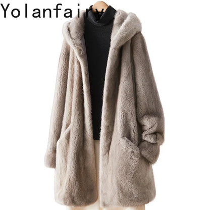 Damen Kapuzenmantel Flauschiger Wintermantel Beige Mittellang