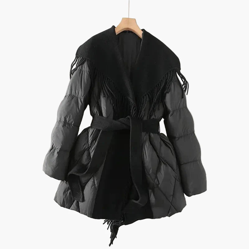 Women's Winter Quilted Coat with Fringes and Belt – Fashionable Korean Style, Elegant and Comfortable