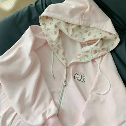 Women's hoodie with zipper, hood and cat embroidery