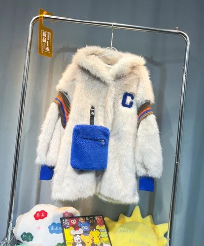 Unisex faux-fur hooded jacket with appliqué and removable pocket, cream & blue