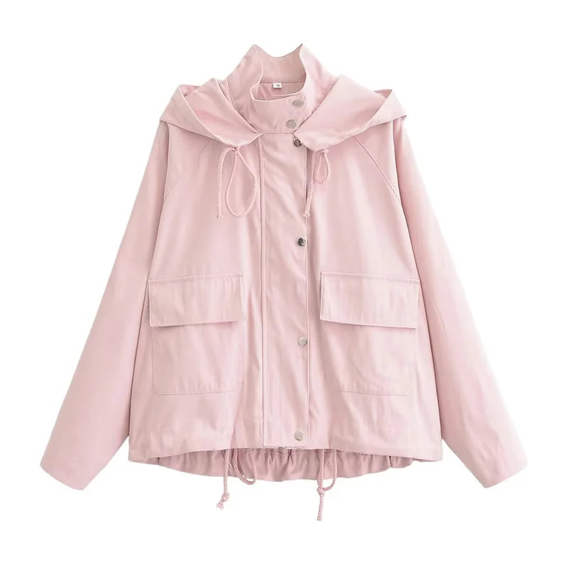 Women's Short Transitional Jacket with Hood and Pockets, Light Pink
