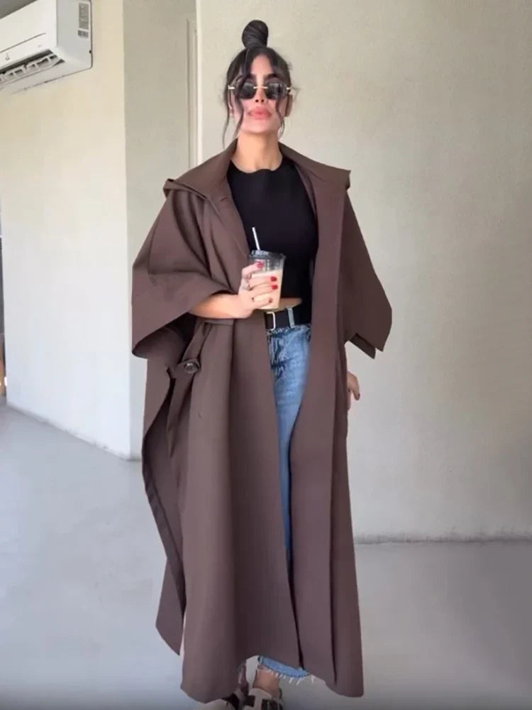 Women's long brown coat with loose oversized fit