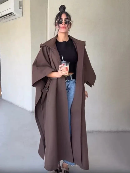 Women's long brown coat with loose oversized fit