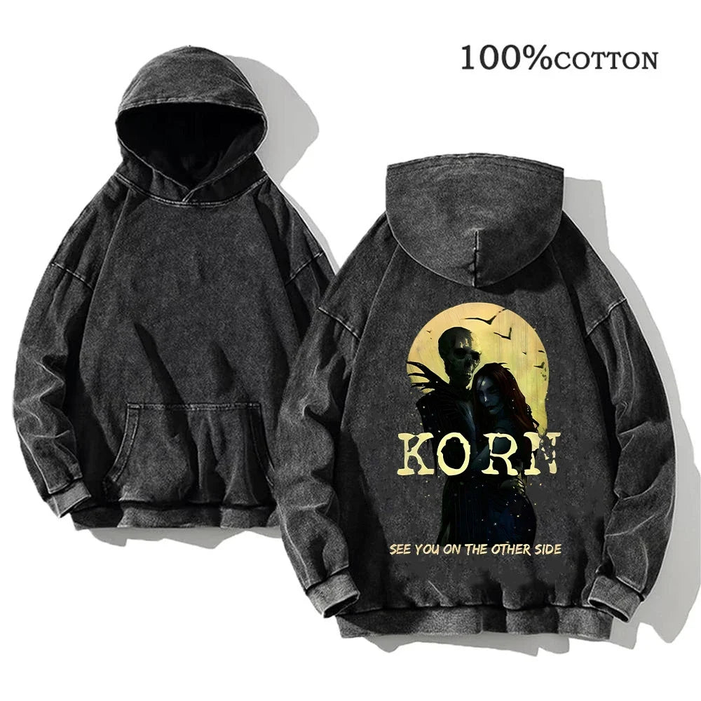 Hoodie Schwarz Grau Washed Oversize mit Band-Print Vorn & Hinten