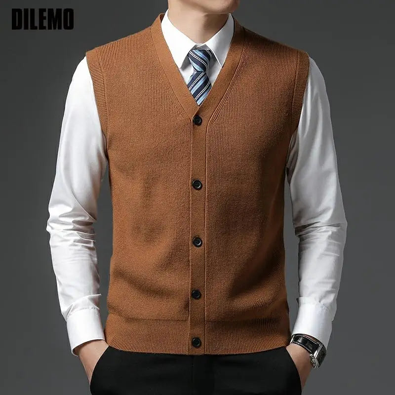 Men's knitted vest V-neck button placket rib knit