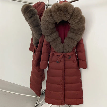 Damen Winter Steppmantel Lang mit Kunstfellkragen Bindegürtel