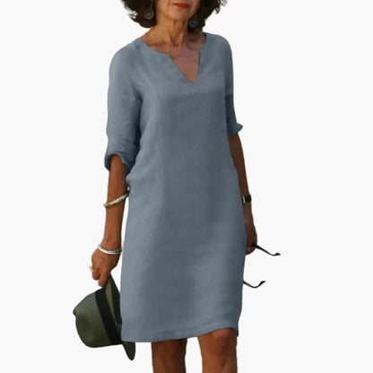 Damen Freizeitkleid mit V-Ausschnitt und 3/4-Ärmeln – Elegantes Alltagskleid für Büro und Freizeit