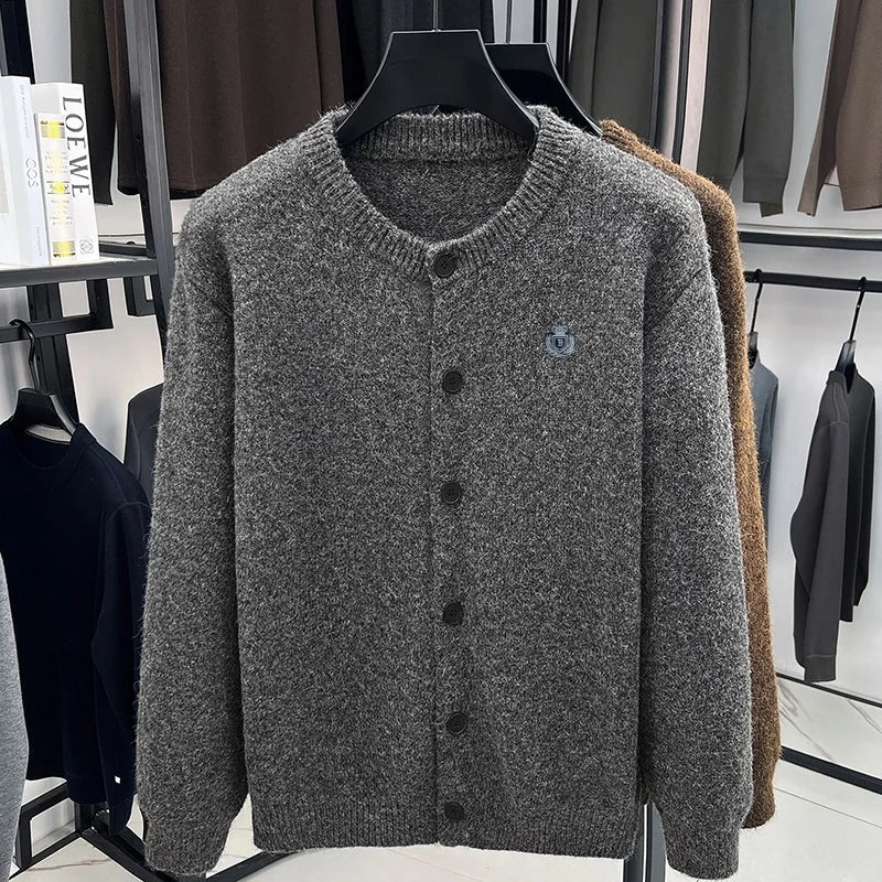 Men's crew-neck cardigan with button placket and emblem, gray/brown