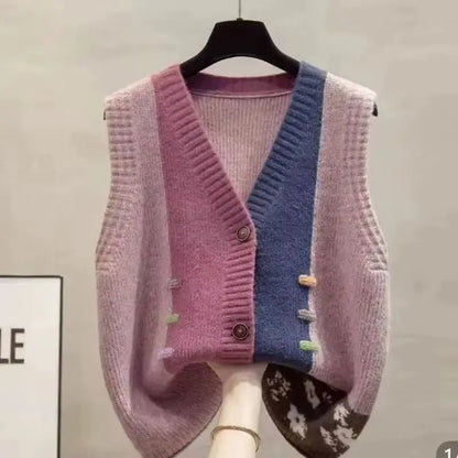 Women's knitted vest with V-neck, color mix, and sleeveless design