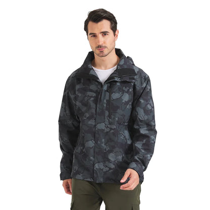 Men's camouflage outdoor jacket with hood and zippered pockets