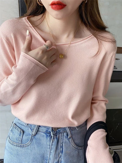 Damen Langarm Oberteil Rundhals Pullover Mehrfarbig